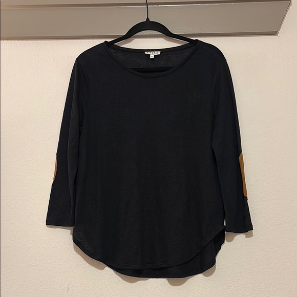 Claudie Pierlot Black Linen 3/4 Sleeve Tee W/ Calf Leather Elbow Patch SZ 2 NWOT - Picture 1 of 5
